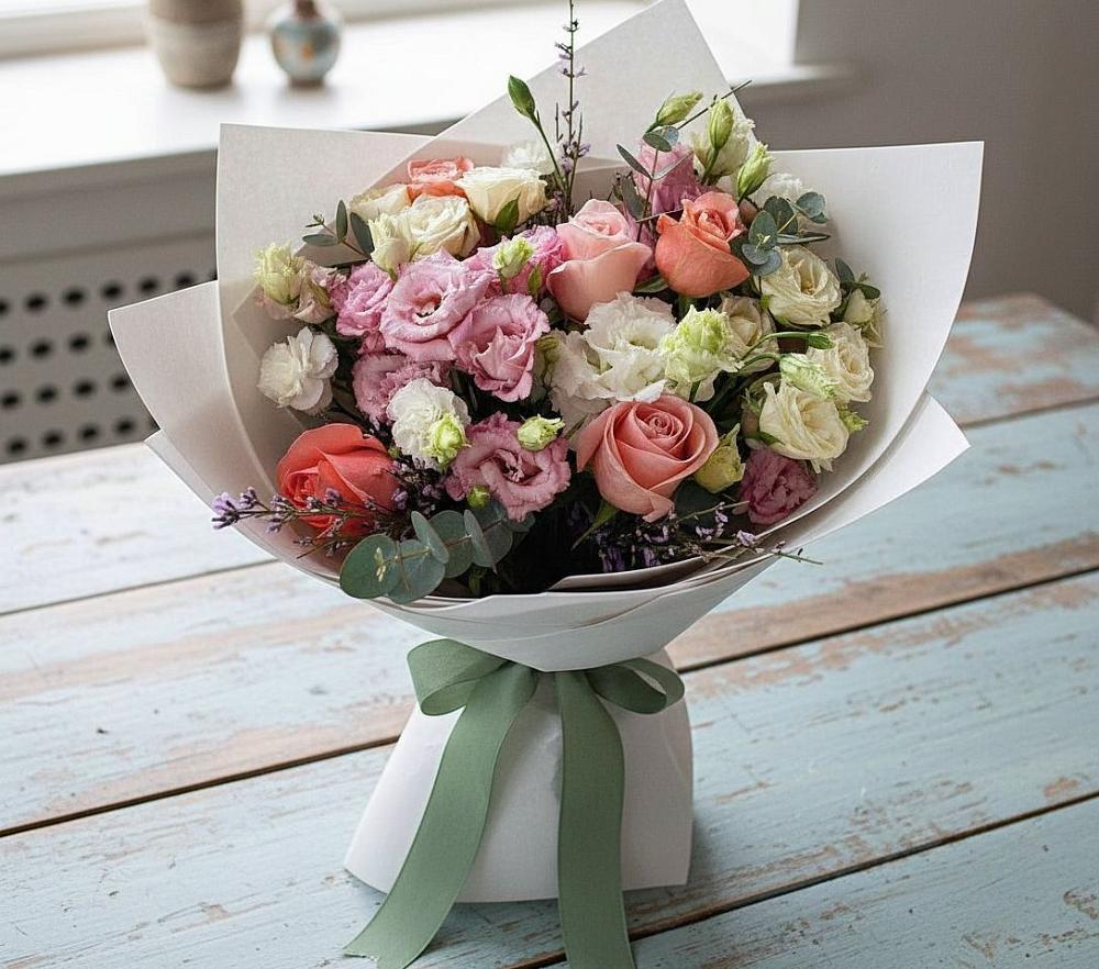 Букет цветов из: Розы, Лизиантусы и Гвоздики в Шарахалсуне