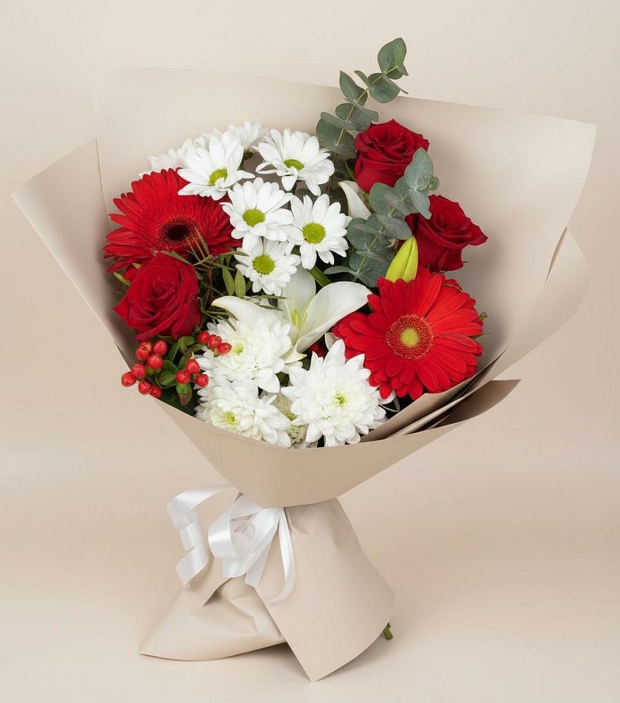 Букет цветов из: Розы, Хризантемы, Герберы и Лилии в Шарахалсуне