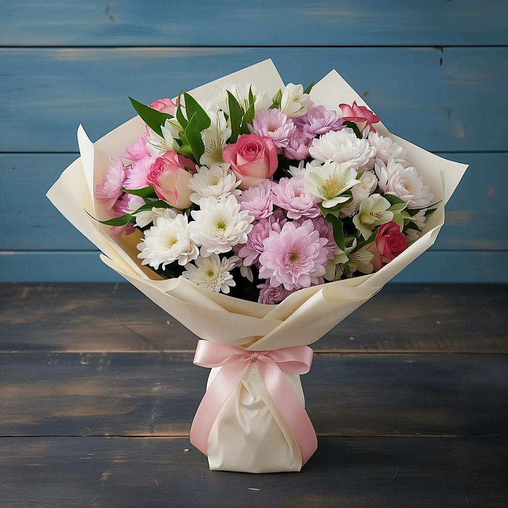 Букет цветов из: Хризантемы, Альстромерии и Розы в Шарахалсуне